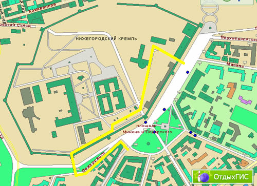 схема маршрута на карте Нижнего Новгорода аллея под стенами Кремля