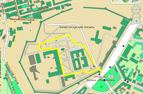 схема маршрута на карте Нижнего Новгорода аллея под стенами Кремля